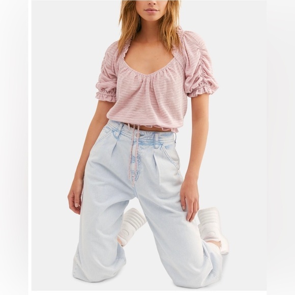 Free People Tops - Free People Pink Ruffled Heather Short. Sleeve V Neck Peasant Top  Size XS P424